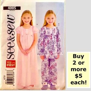Butterick 4005 See & Sew Uncut Easy Sewing Pattern Kids Pajamas (6,7,8)